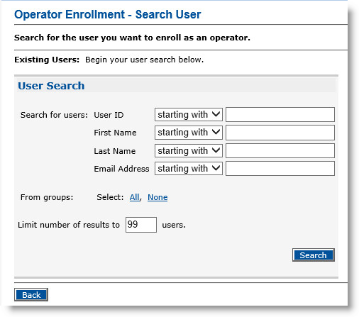 Operator Enrollment - Search User page with a User Search section with various fields that can be used to configure the search